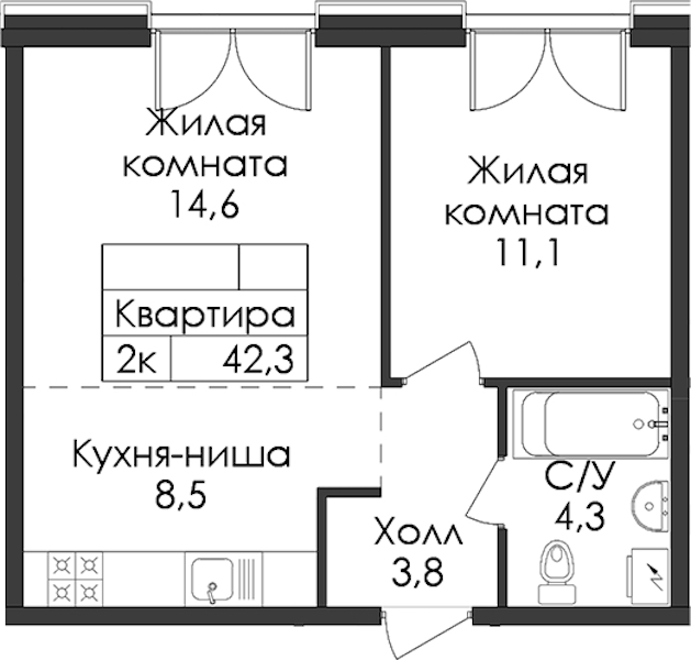 1-комнатная квартира 42.3 м², 2/7 эт., ЖК «Лермонтовский 54»